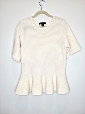 St. John Cream Knit Peplum Short-Sleeve Top